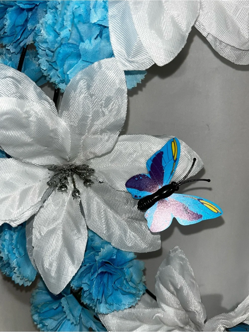 Blue & White Holiday Wreath with Butterfly Accents Hand Crafted